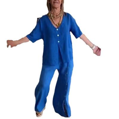 Женский летний однотонный повседневный костюм с коротким рукавом на пуговицах и разрезом