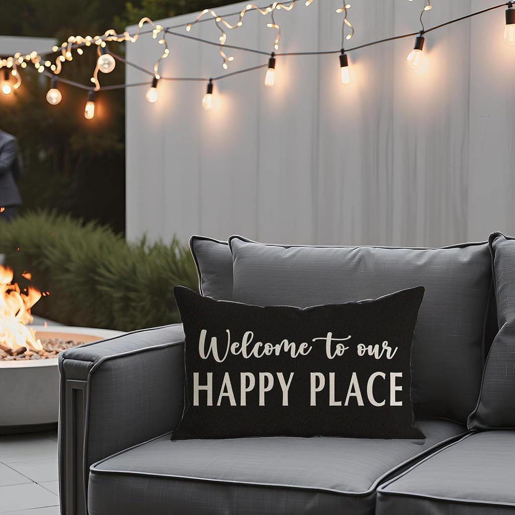 Decorative Throw Pillow Cover 12x20 Inch Welcome to Our Happy Place Black White Outdoor Modern Farmhouse Front Porch Patio Decor Lumbar Cushion Case