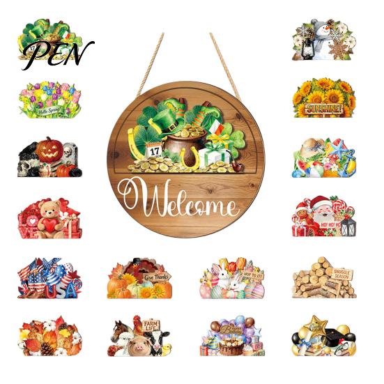 Outdoor Welcome Sign For Porch Interchangeable Seasonal for Front Door, 12 Inch Round Wood Hanging Festive Holiday Door Hanger with 15/16 Ornaments