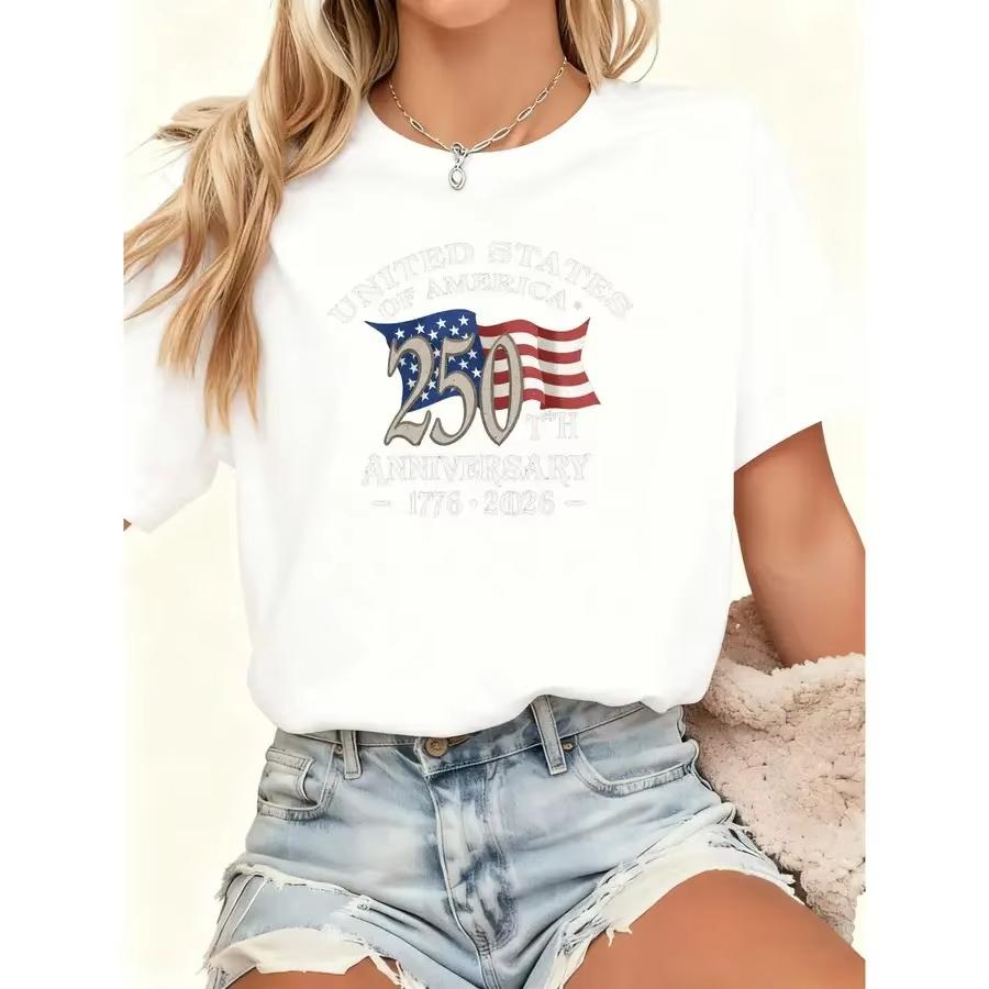 250th Anniversary Commemorative American Flag TShirt Crew Neck 220g Comfortable Soft Fabric Unisex Casual American Independenc
