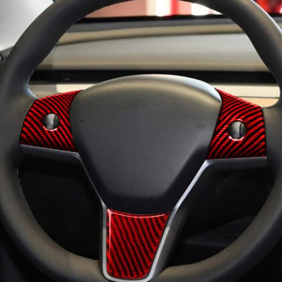 New FOR TESLA MODEL 3 Y CARBON FIBER CAR STEERING WHEEL COVER TRIM RED