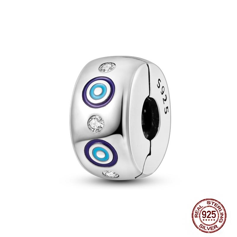 Round 925 Copper Clasp Pave Clip Charms Blue Star Moon Butterfly Slide Safety Chains Spacer Beads Fits Original Bracelet Zircon