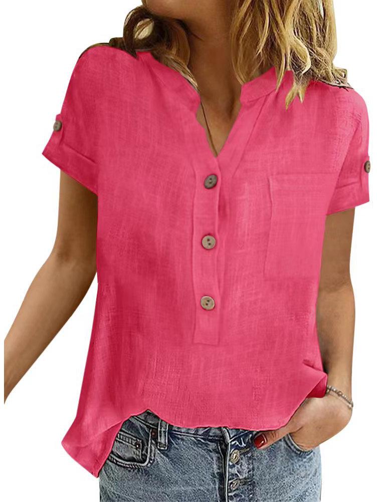 Women's Summer Retro Patchwork Cotton Linen V-Neck Button Short Sleeve Top