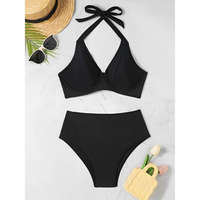 2025 Push Up Halter String Solid Two Piece Bikini Women Swimwear Female Swimsuit Bathers Bathing Swimming Suit Beachwear Summer