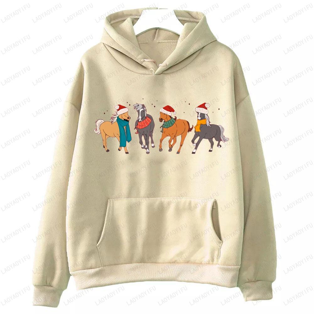 Лошади в рождественской шапке Санты Толстовка Женская Мужская Одежда Осень Зима Худи Любитель Лошадей Фермерские Животные Рождественский Свитер Подарок