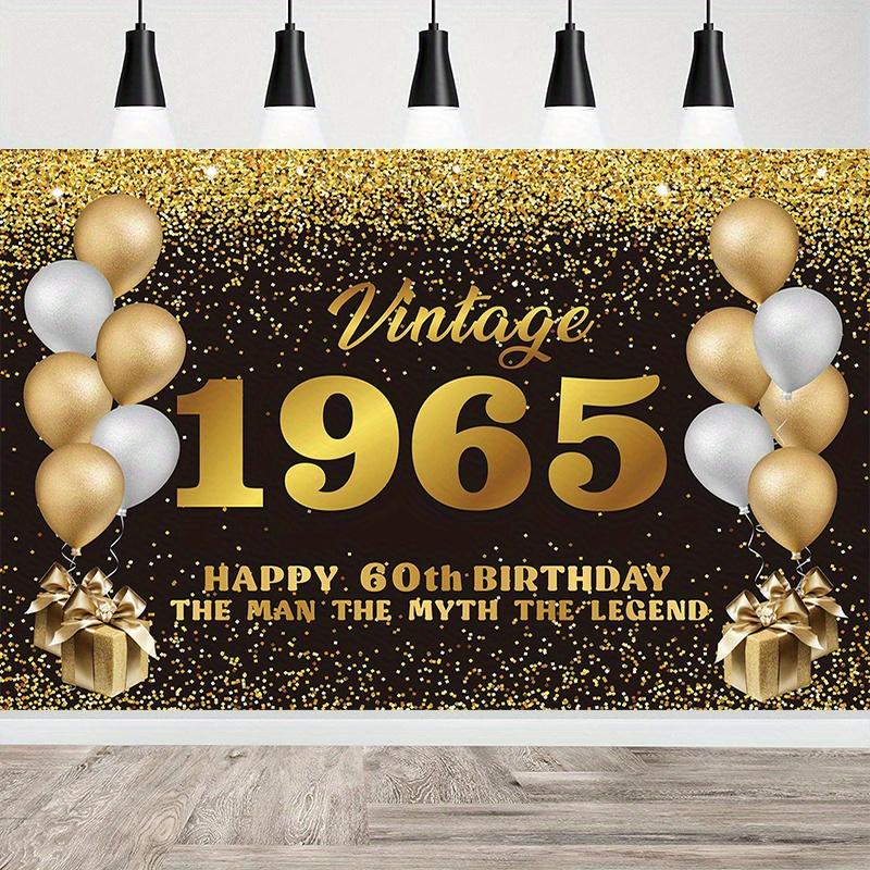 1 vintage 1965 birthday banner - black and gold glitter "Happy 60th Birthday" party background, birthday party decoration