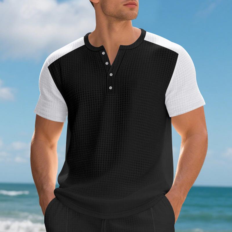 Модная летняя американская свободная мужская повседневная пляжная вафельная футболка с коротким рукавом, повседневный универсальный пуловер