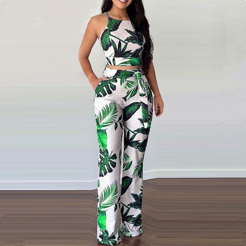 Женский повседневный летний комплект из двух предметов, пляжная одежда, укороченный топ с тропическим принтом листьев и широкие брюки с цветочным принтом, комплект