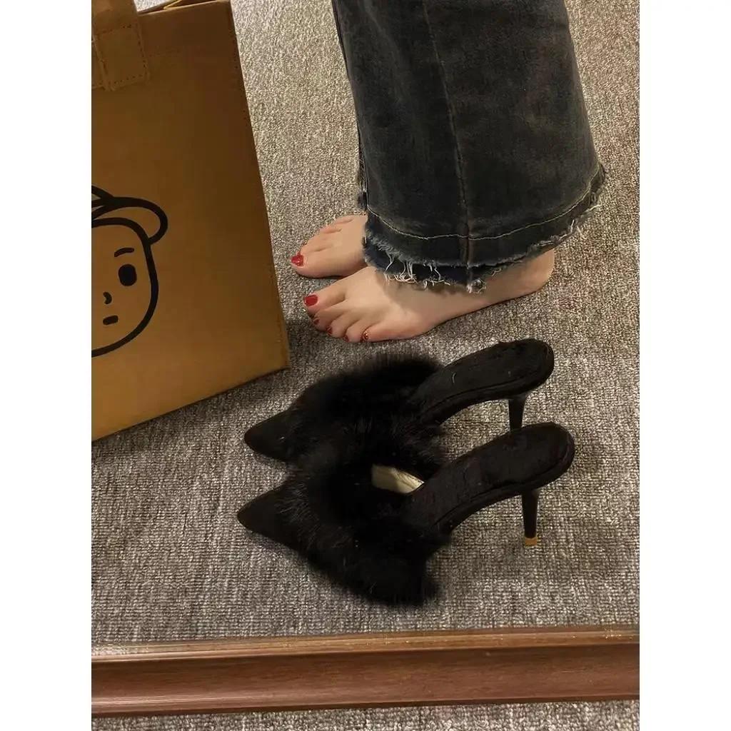 Модные женские теплые плюшевые туфли с острым носком на высоком каблуке зимние мюли тапочки корейский модный дизайн тонкие каблуки новые шлепанцы туфли-лодочки Zapatos Mujer