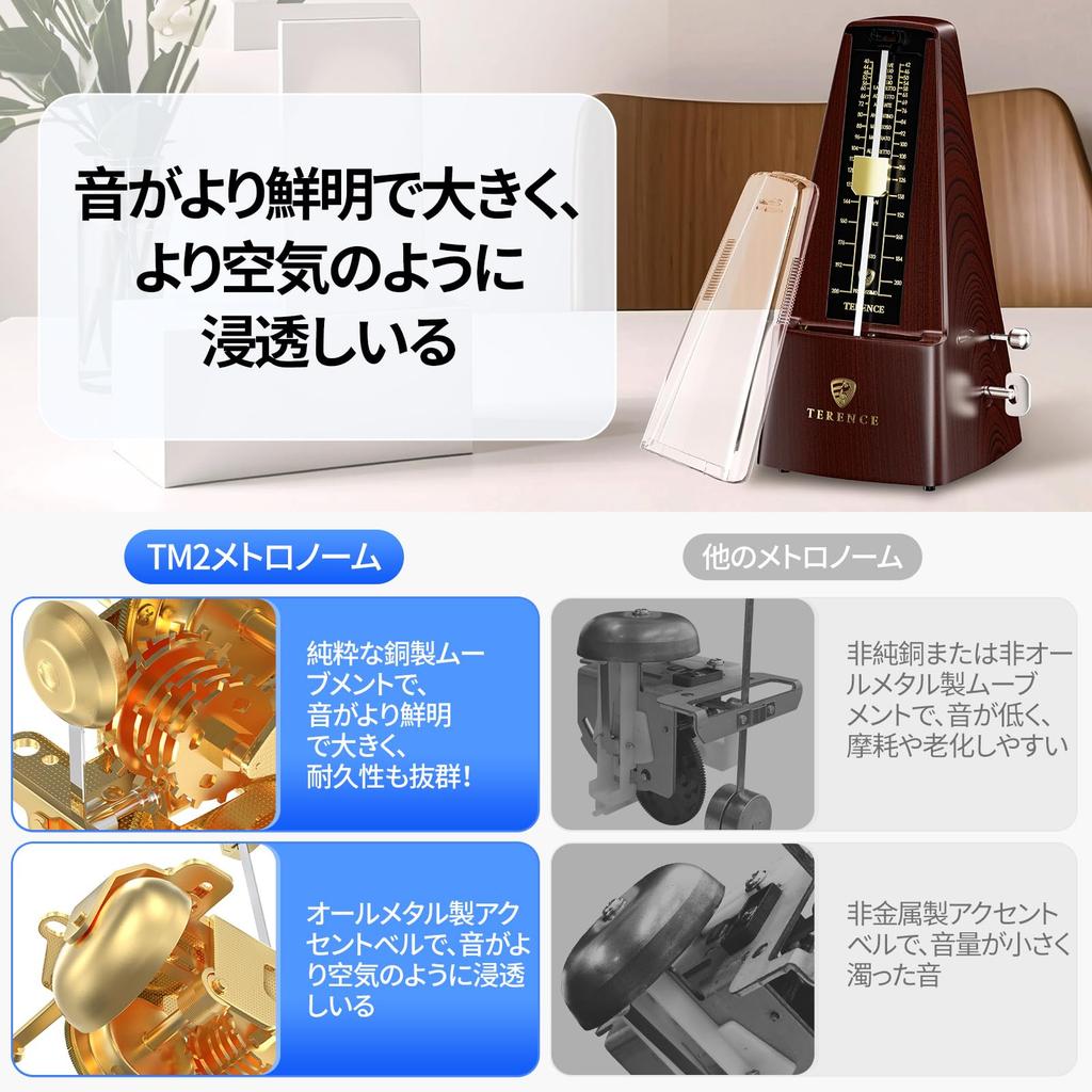 TERENCE TM2 Rosewood Pendulum Metronome, High-Precision Mechanical Metronome for Beginners, Compact, Loud Sound, Metal Core Design, Standard Size,
