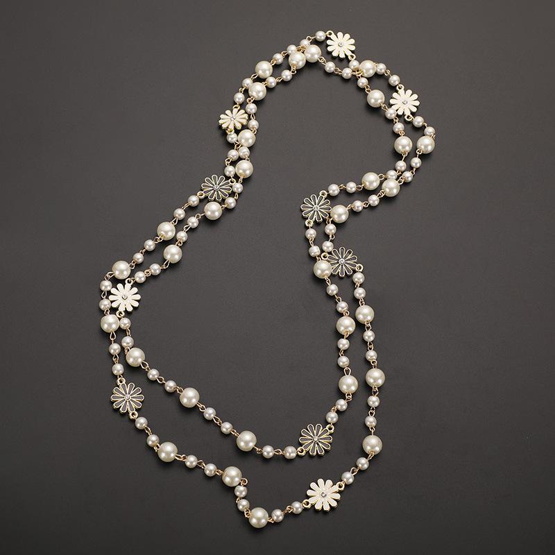 JMXD Длинное жемчужное ожерелье для женщин Y2K Модное ожерелье-чокер с подвеской в виде ромашки Эффектная бижутерия Минималистичный шик Изящная многослойная цепочка Модные элегантные аксессуары Подарок