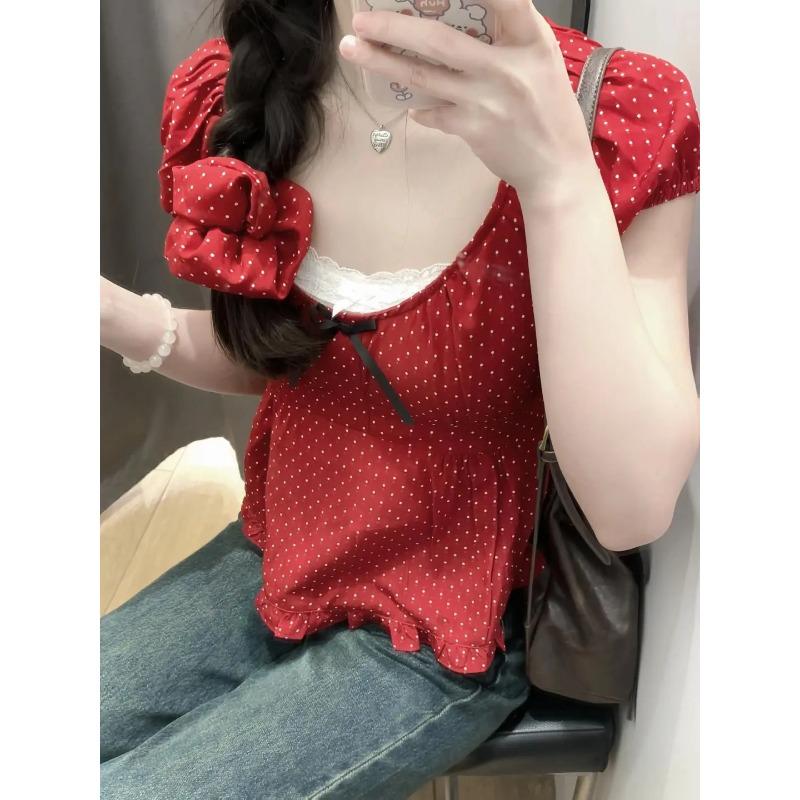Korean Series Pure Desire BM Red Polka Dot Short sleeve T-shirt Women Summer Bow Small Man Pleat Puff sleeve Top Tide