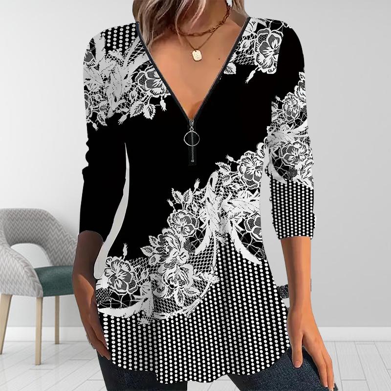 Women Autumn Complex Flowers Printed Long Sleeve T-Shirts Loose V-Neck Plus Size Tee Shirt Tops Comfy Blouse