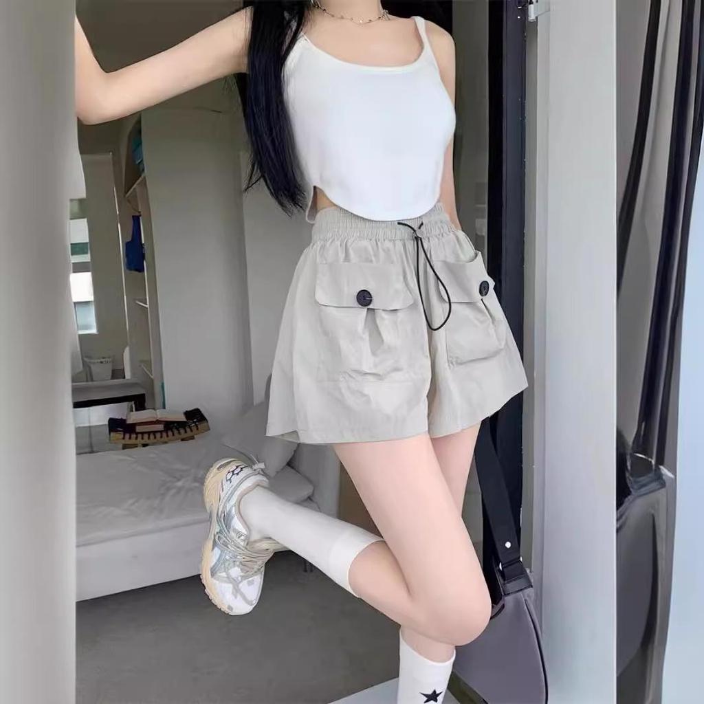 Summer 2024 Women's Gray High-Waisted Wide-Leg Casual Shorts with Double Pockets and Drawstring