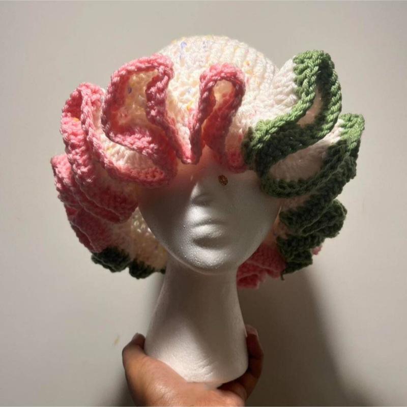 NEW Women Crochet Bucket Hats Y2k Fashion Pleated Ruffles Knitted Hat