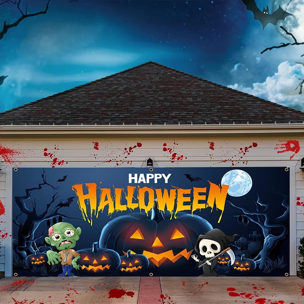 Halloween garage door banner, durable polyester, huge pumpkin and green monster design, scary night party decoration