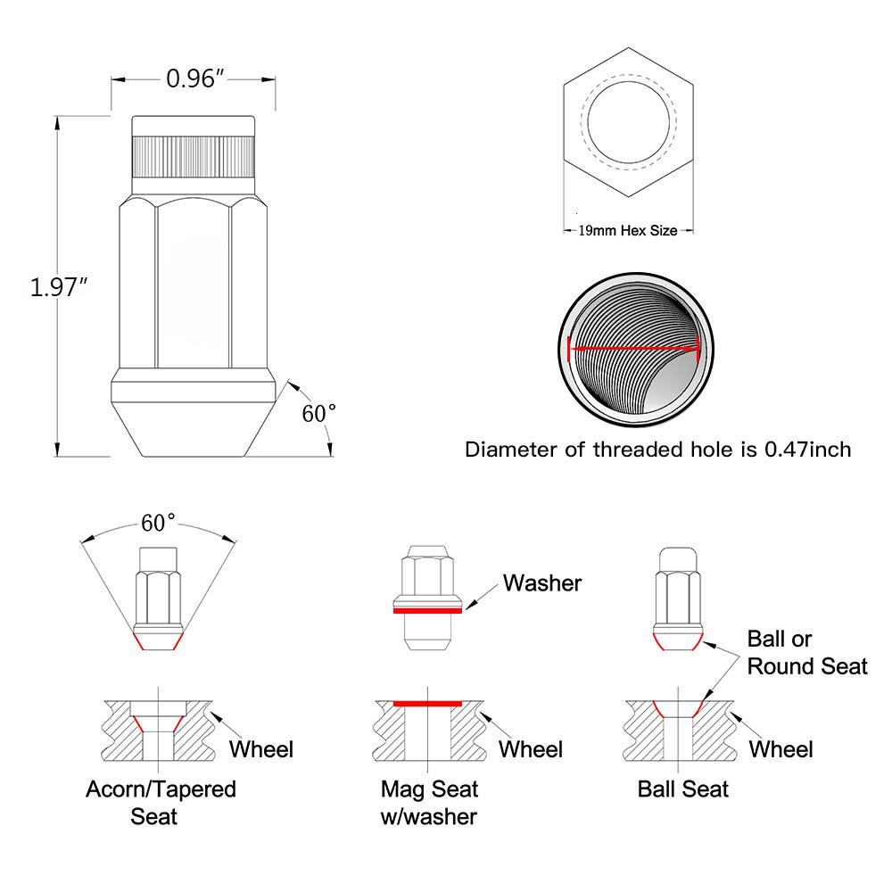20PCS Stainless Steel Lug Nuts M12x1.25 M12x1.5 M14x1.5 M14x2 1/2-20 Wheel Nuts Bolts For Mazda KIA Lincoln Suzuki