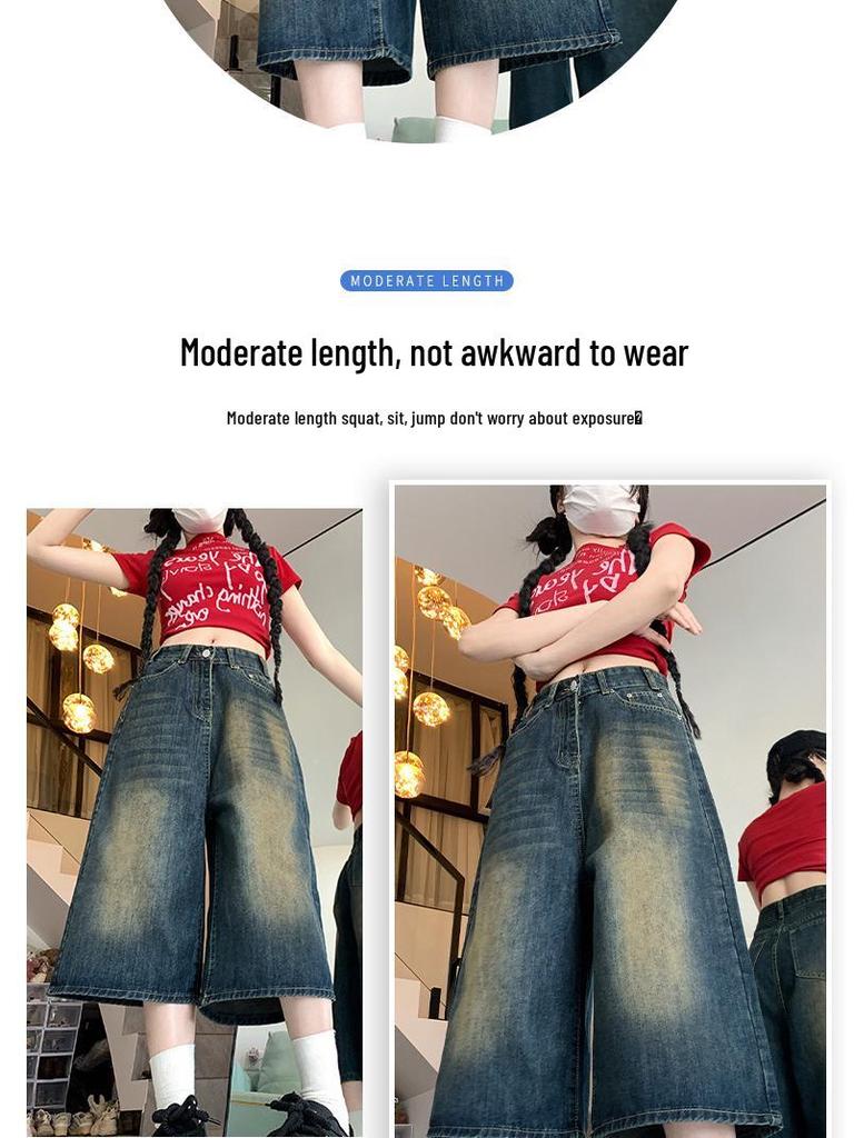 Ретро джинсовые шорты с высокой талией, широкими штанинами и укороченной длиной для женщин - Летние больших размеров, стройнящие, свободного кроя