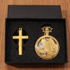 2pcs/set,1PC Fashion Men's Retro Out Design Golden Pocket Watch with Necklace & 1PC Mens Vintage Golden Cross Necklace Pendant,ideal Choice for Gifts