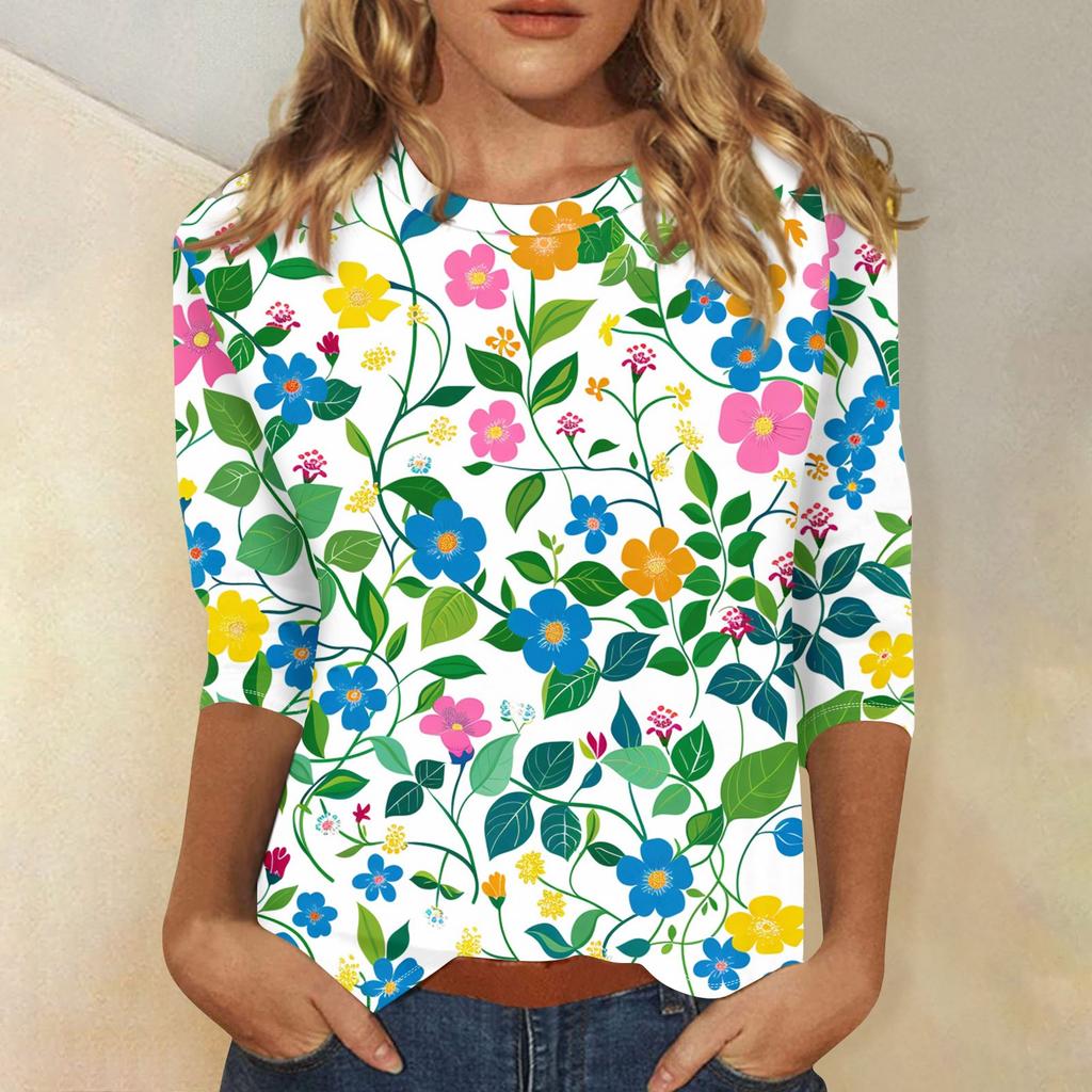 Женский топ с цветочным принтом, круглым вырезом и рукавами три четверти Футболка Футболка с рукавами три четверти