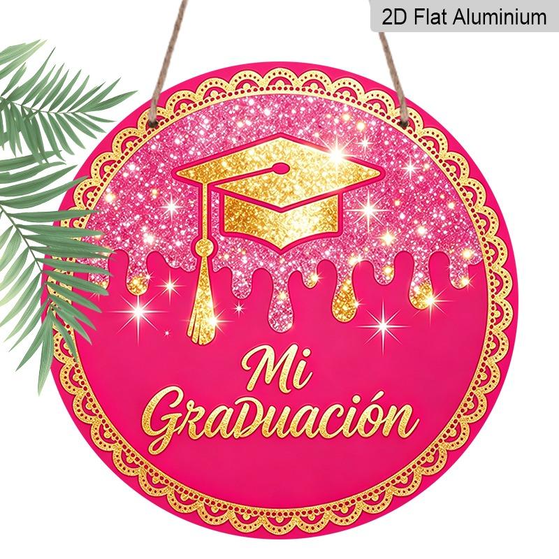2D Flat Aluminum Graduation-themed Wall Hanging, Available in Multiple Sizes, Featuring A Spanish-style Pink and Gold Glitter Graduation Cap Design