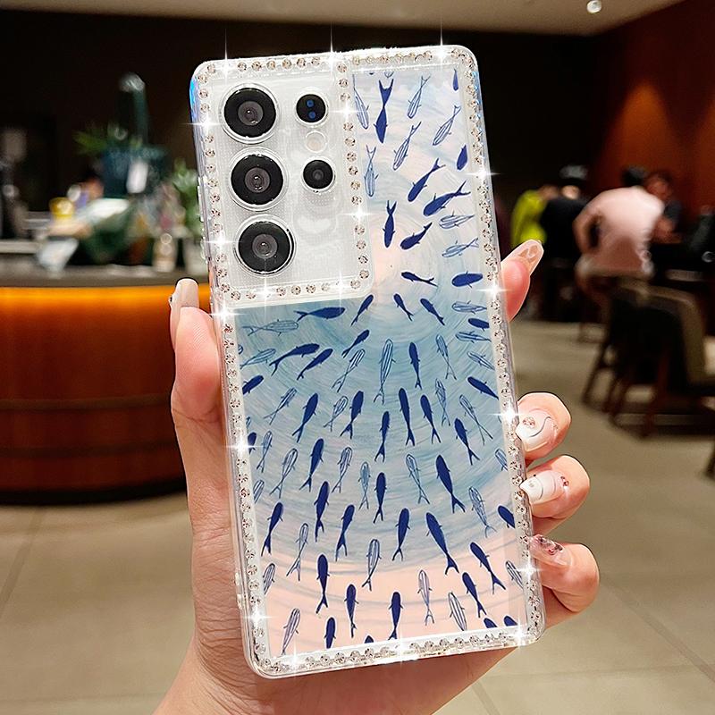 Мягкий силиконовый чехол с рисунком кита для Samsung S25 Edge S24 FE S23 Ultra S22 A16 A56 A36 A15 A55 A35 с ромбовидной рамкой, прозрачный противоударный чехол