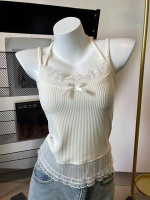 Белая милая кружевная кофточка женская короткая тонкая бретелька на шее элегантная одежда летние новые повседневные топы в стиле пэчворк