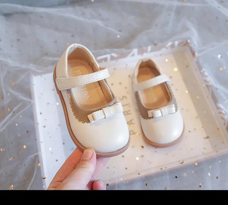 Girls' PU Shoes 2024 Spring Kids New Black Cute Bow Children's Solid Color Loafer Beige Size 21-30