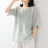 Женская одежда Хлопково-льняная рубашка Лето Новинка V-образный вырез Свободный крой Вышивка Короткий рукав Бохо-шик Повседневный Трендовый топ