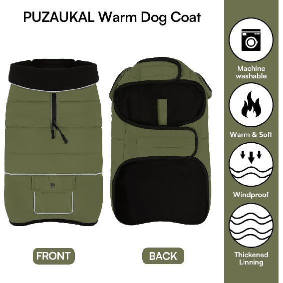 Dog Coat, Small Dog Jacket, Windproof Dogs Puffer Jacket, Fleece Lined Warm Dogs Winter Coat with Harness Hole (Army Green S)