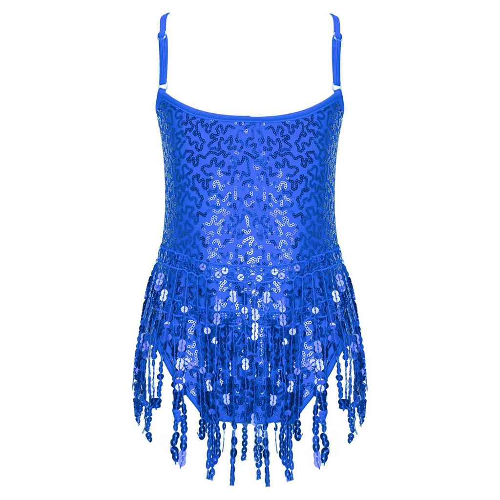 Kids Girls Latin Dance Dress Sleeveless Sparkly Sequins Tassel Fringe Dress Latin Jazz Salsa Tango Samba Rumba Dance Costume