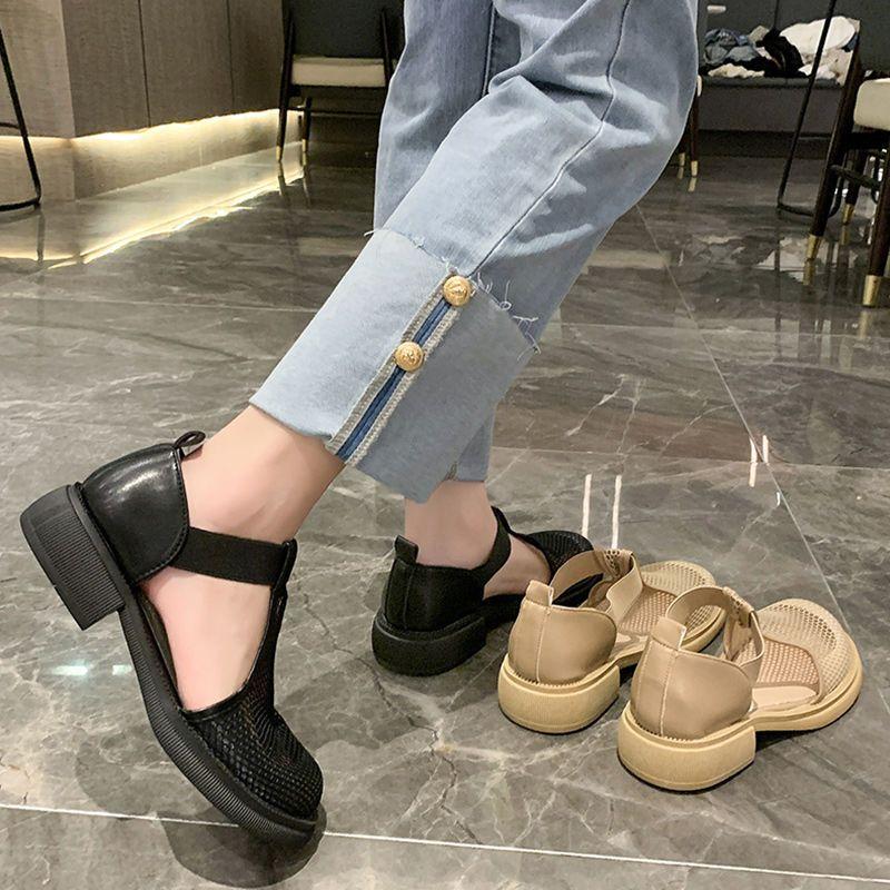 Сандалии с завернутым носком, женские летние туфли с проникающей воздушной сеткой на открытом воздухе, некрасивые милые уродливые туфли в римском стиле на толстом каблуке с большим носком