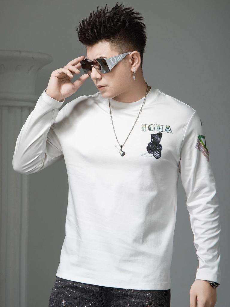 European Style Round Neck Long Sleeve T-Shirt for Men, Spring 2026 New Pullover Base Shirt, Trendy Bear Print Tee