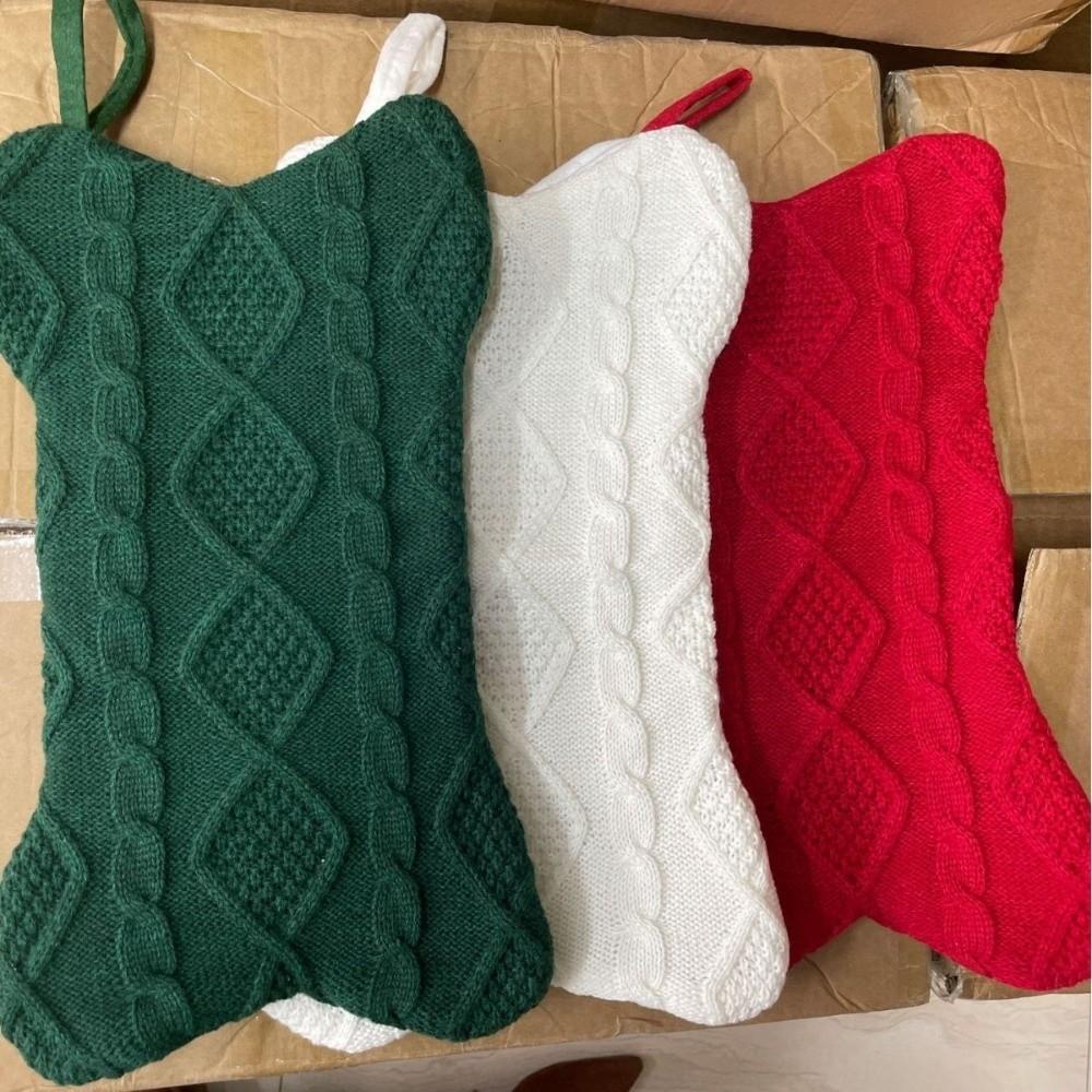 Bone Shape Gift Storage Bag Cable Knit Hanging Ornament Cute Christmas Stocking Fireplace