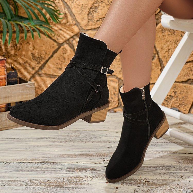 Large Size Round Head Square Heel Side Zipper Cigarette Boots Autumn New Metal Buckle Low Tube Women's Boots