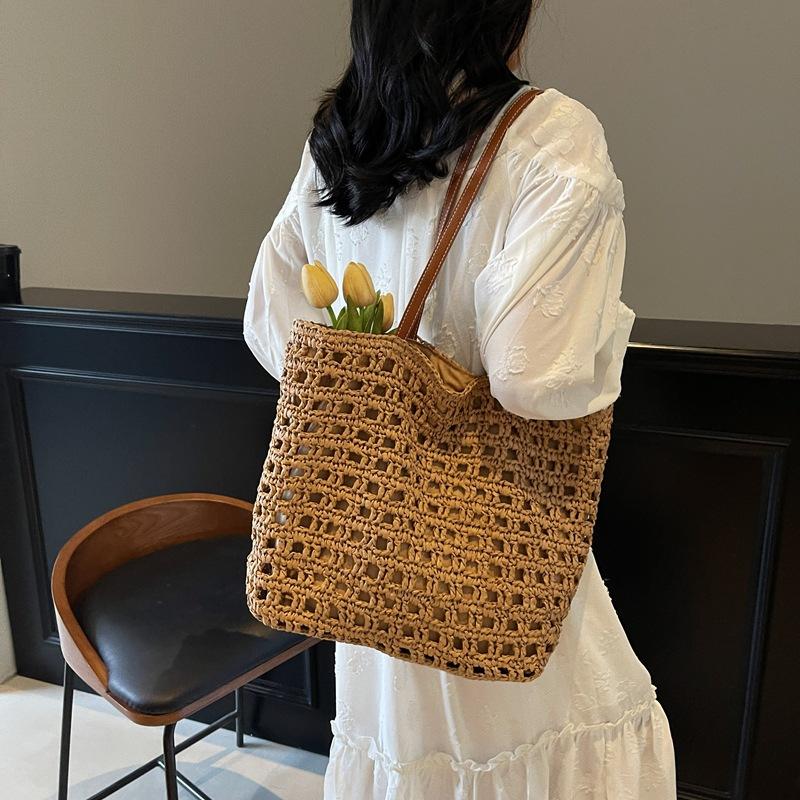 New Waffle Grid Straw Bag Lazy Wind Hollow Paper Rope Shoulder Woven Bag Large Capacity Casual Beach Women's Bag