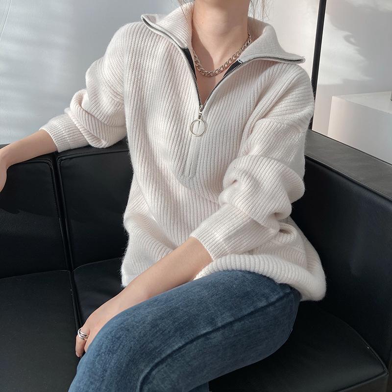 Hirsionsan Zipper Turn-down Collar Autumn Sweaters Women Cashmere Soft Loose Solid Female Knited Pullovers 2021new Thick Jumper