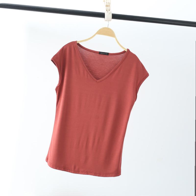 Однотонная базовая футболка с v-образным вырезом, женские летние свободные футболки из модала, повседневная майка от M до 2XL