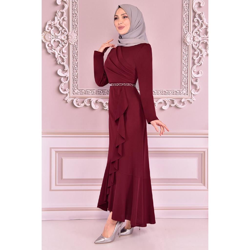 Women's Clothing Evening Dress Fashion Skirt Flounced Belt Stoned Hijab Evening Dress 2497 Black