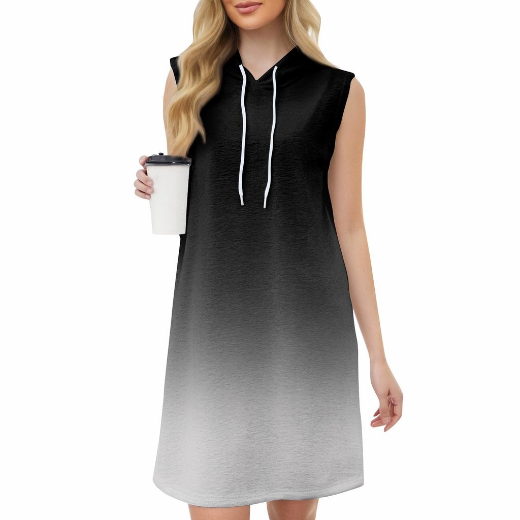 Women's Casual Fashion Round Neck Sleeveless Print Hooded Drawstring Dress