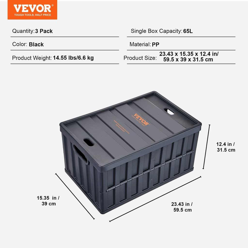 Collapsible Storage Bins with Lids, 65L 3 Packs, Folding Plastic Stackable Utility Crates with Handles, Large Heavy Duty Containers for Clothes, Toys,