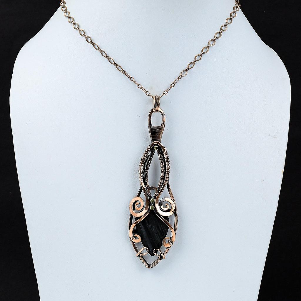 Черный турмалин, драгоценный камень, чистая медная проволока, обернутая подвеской ручной работы, ювелирный подарок для нее