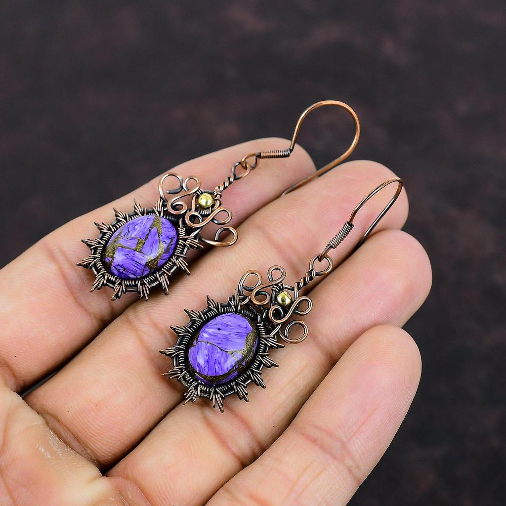 Серьги из медного чароита, серьги с драгоценными камнями, обернутые медной проволокой, красивые медные украшения, серьги ручной работы, обернутые проволокой, подарок для матери