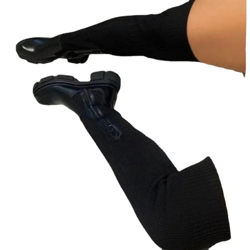 Женские сапоги выше колена Зимние эластичные вязаные сапоги Женские модные сапоги на платформе Сращивание женских носков Женские длинные сапоги