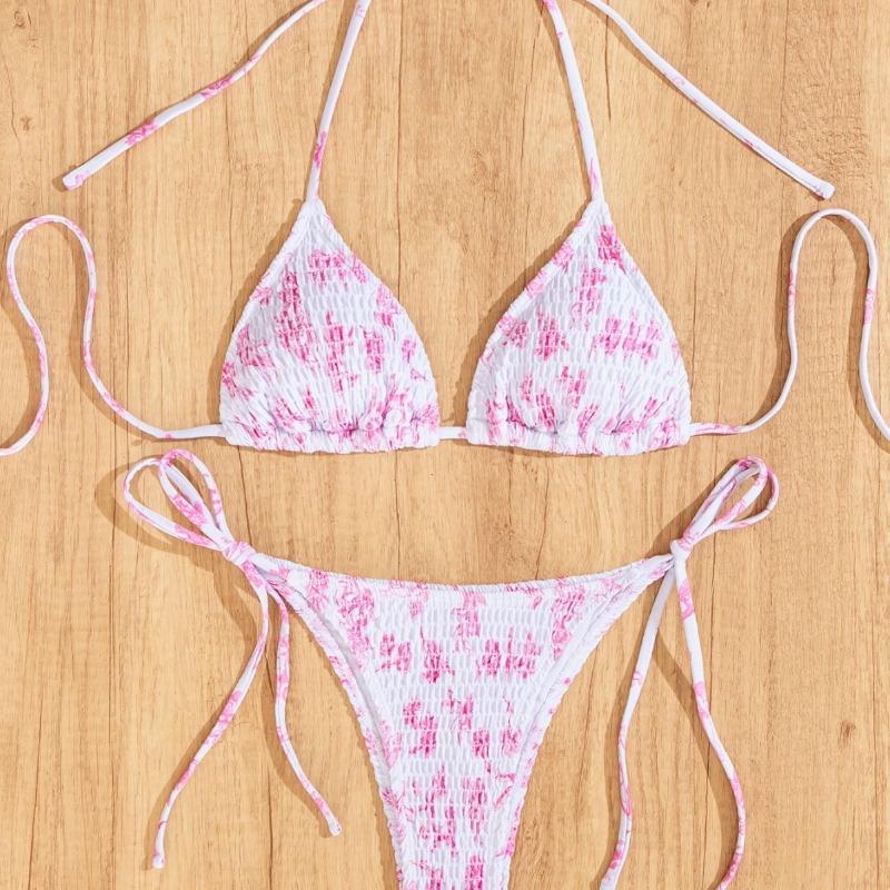 New Sexy Wrap Printed Lace-Up Strap Triangle Cup Bikini Swimsuit Set Split