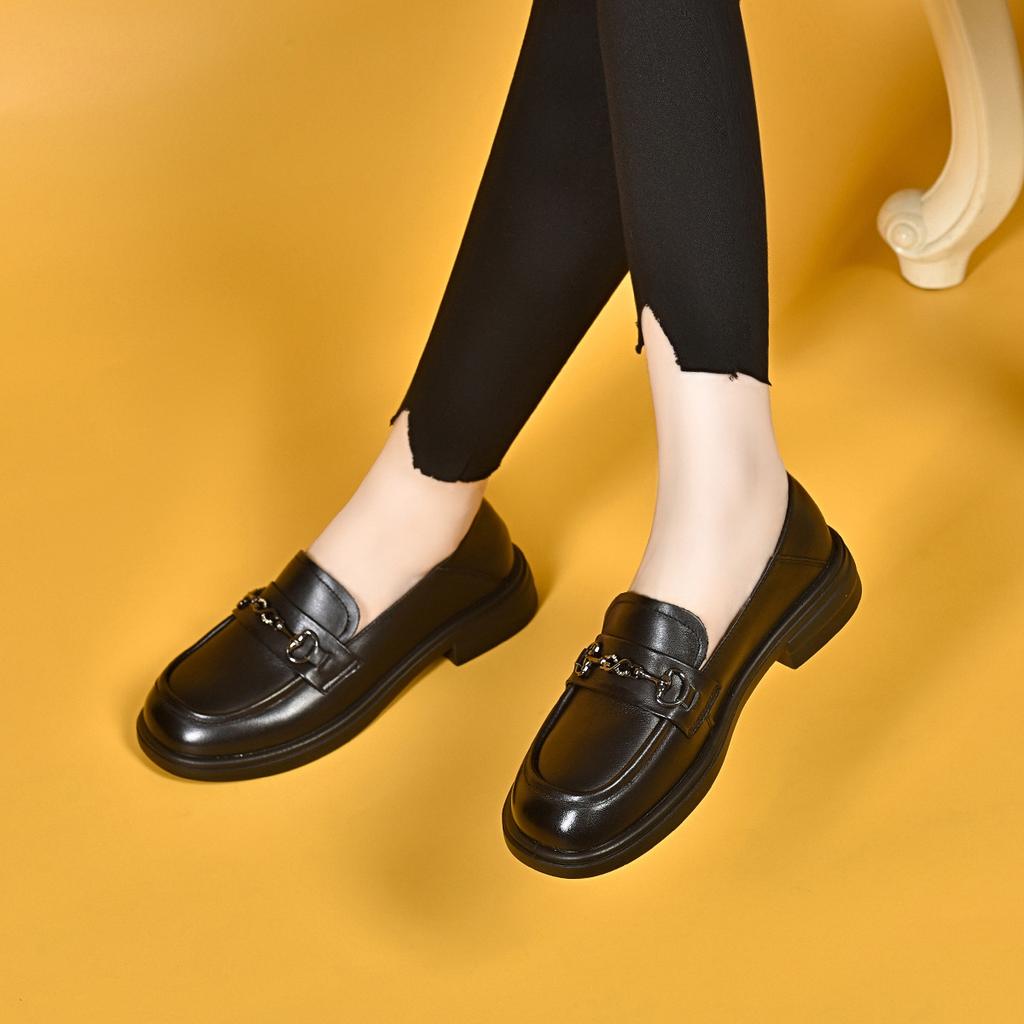Round Head Flat Shoes Women's Autumn British Small Leather Shoes First Layer Cowhide One-pedal Single Shoes