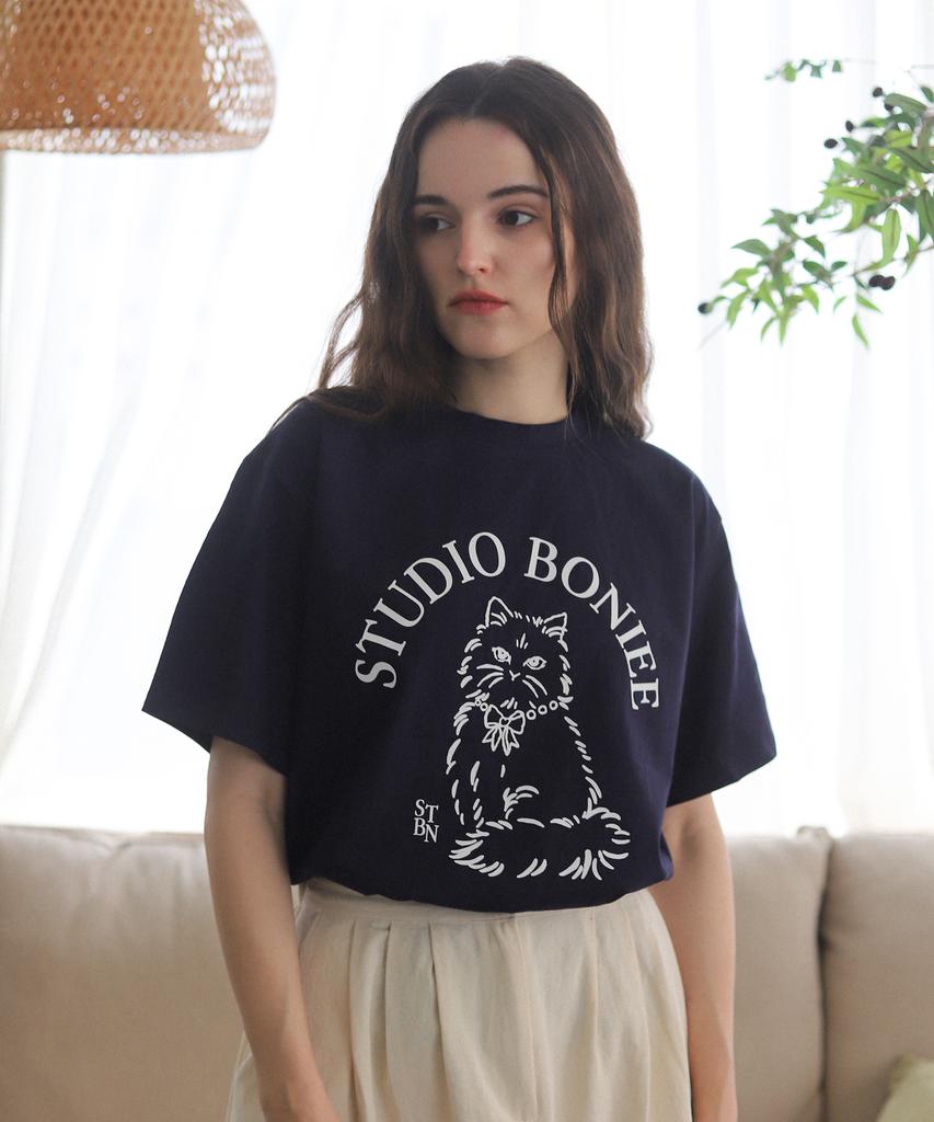 BONIEE New Cat Symbol Cat Graphic Loose Oversized T-Shirt Navy