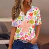 Women's Fashion Casual Vintage Floral Print V-Neck Short Sleeve Decorative Button T-Shirt Tops