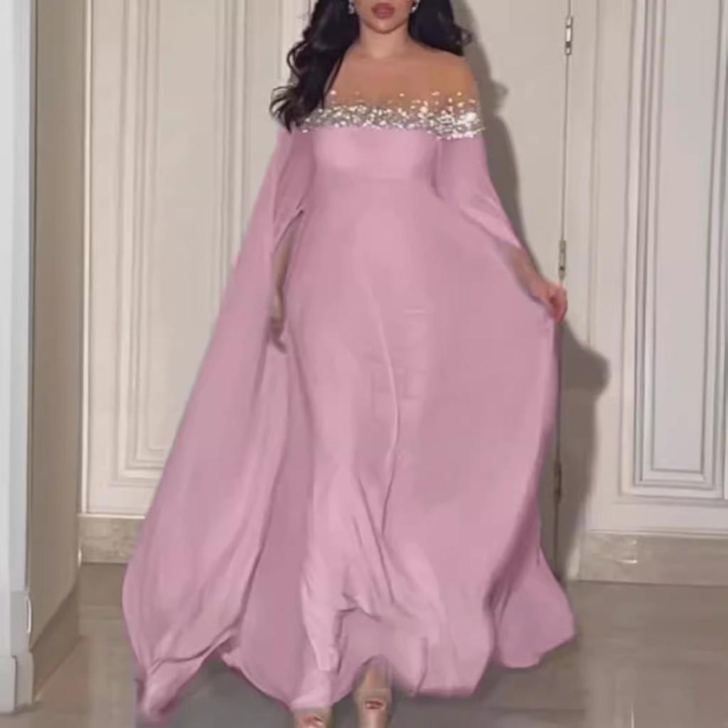 Women Elegant Round Neck Rhinestone Pearl Long Sleeves Kaftan Middle East Bride Bridesmaids Wedding Long Dress Gorgeous Party Maxi Ball Gowns