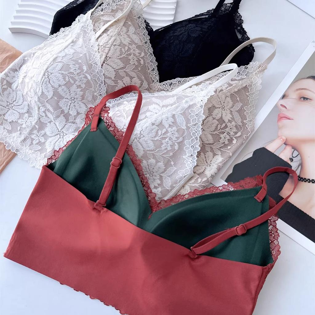 Sexy pure lace beautiful back chest wrap women's fixed cup gathering underwear without steel ring bra short suspender vest tide